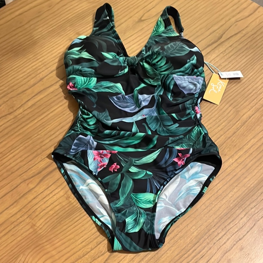 Kona Sol Tropical Leaf One Piece Swimsuit Black and Green